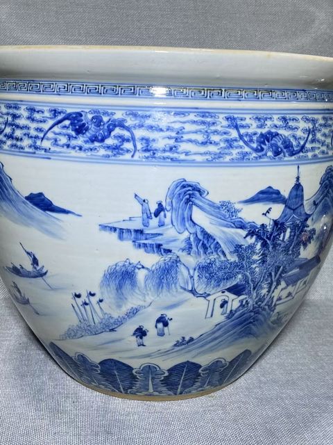 古玩陶瓷人物山水青花缸真品鑒賞圖