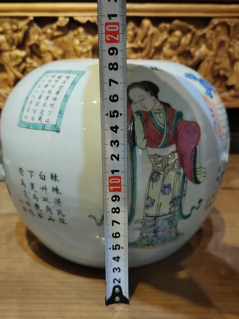 古玩陶瓷粉彩無雙譜人物西瓜罐真品鑒賞圖