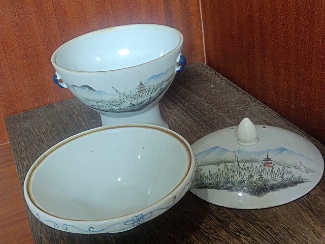 古玩陶瓷民國山水紋四系高樁暖鍋真品鑒賞圖