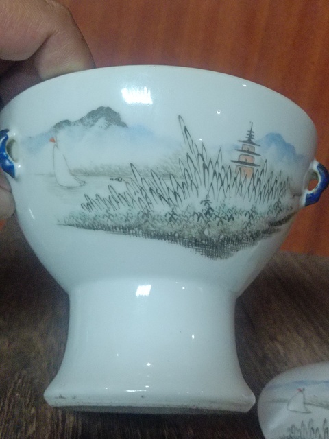古玩陶瓷民國山水紋四系高樁暖鍋真品鑒賞圖