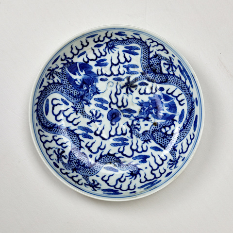 古玩陶瓷清宣統 青花雙龍戲珠盤真品鑒賞圖