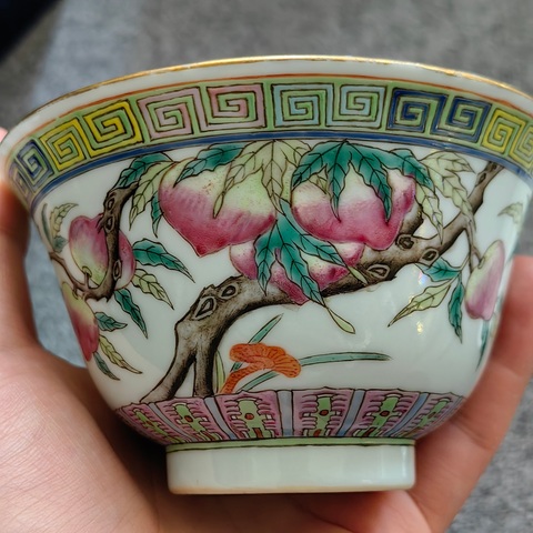 古玩陶瓷清光緒粉彩福壽紋蓋碗真品鑒賞圖
