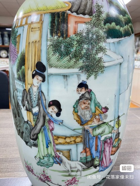 古玩陶瓷人物紋新粉彩雙松葉耳撇口瓶真品鑒賞圖