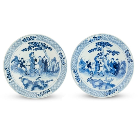 古玩陶瓷青花人物紋盤一對真品鑒賞圖