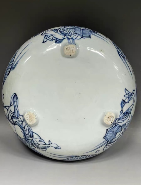 古玩陶瓷晚明青花線描三足洗式香爐真品鑒賞圖