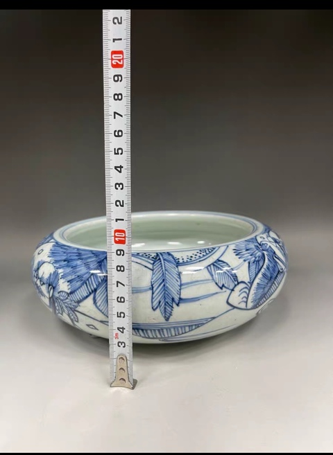 古玩陶瓷晚明青花線描三足洗式香爐真品鑒賞圖