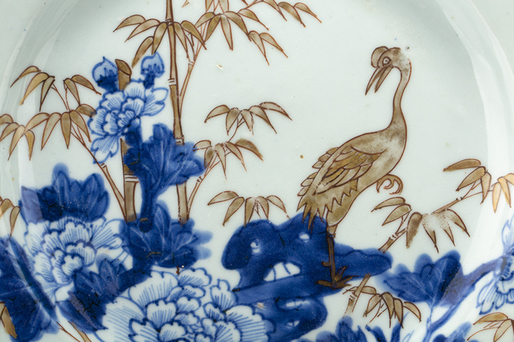 古玩陶瓷清康熙·青花描金花竹仙鶴紋折沿盤拍賣,當前價格236元