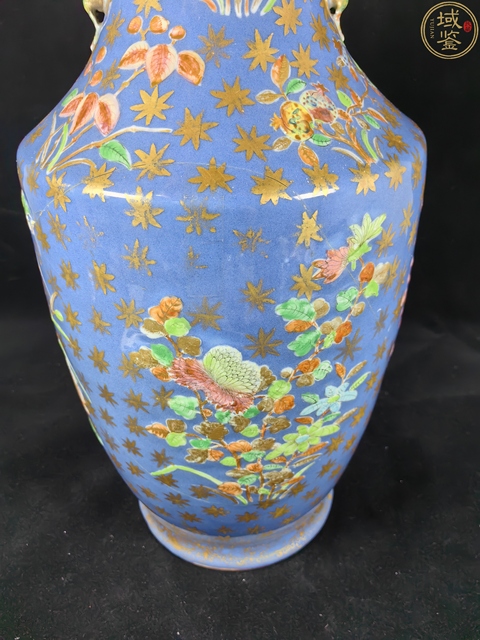 古玩陶瓷晚清藍釉廣彩花卉獅耳瓶真品鑒賞圖