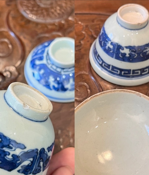 古玩陶瓷青花夔龍紋蓋碗，疑似復窯真品鑒賞圖