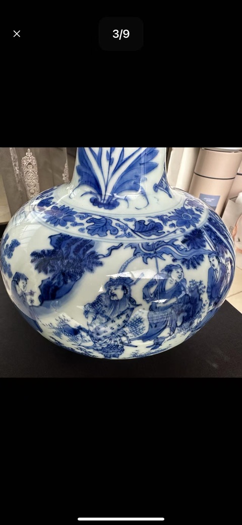 古玩陶瓷明崇禎 青花人物紋瓶真品鑒賞圖
