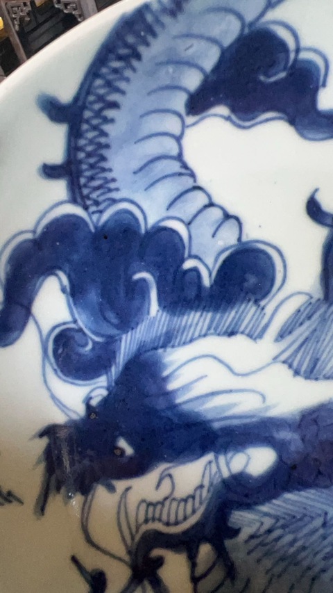 古玩陶瓷雍正青花過墻龍盤真品鑒賞圖