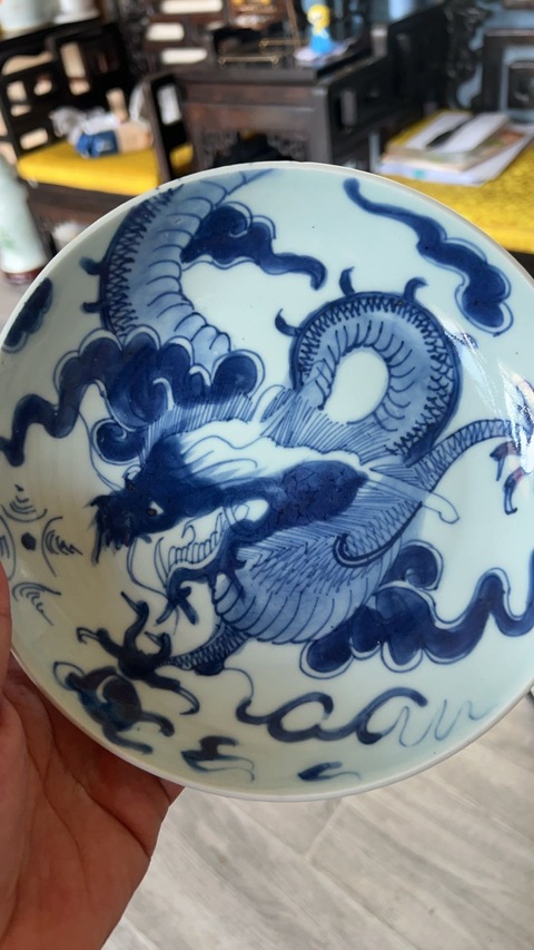 古玩陶瓷雍正青花過墻龍盤真品鑒賞圖