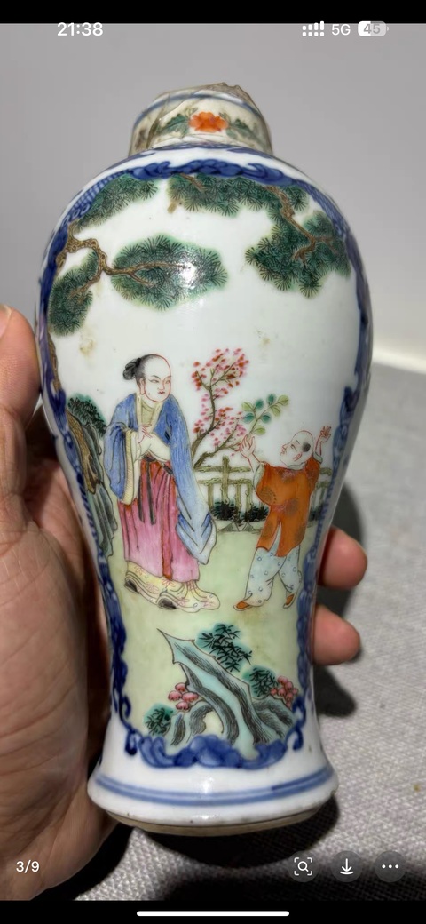 古玩陶瓷青花開窗粉彩人物故事瓶真品鑒賞圖