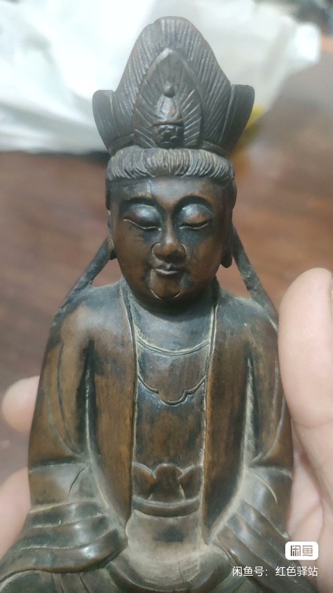 古玩雜項木雕裙式褝定觀音真品鑒賞圖