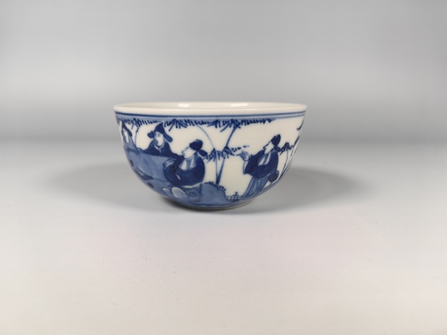 古玩陶瓷清晚竹林七賢人物紋青花茶園真品鑒賞圖