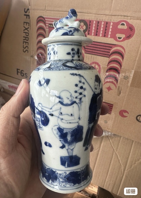 古玩陶瓷青花市井人物雞腿瓶真品鑒賞圖