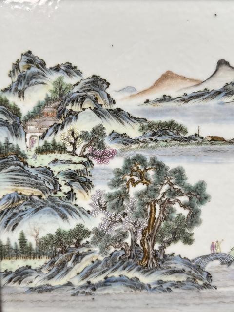 古玩陶瓷粉彩山水人物紋瓷板真品鑒賞圖