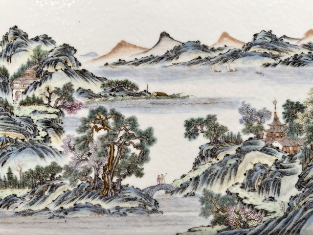 古玩陶瓷粉彩山水人物紋瓷板真品鑒賞圖