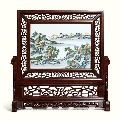 古玩陶瓷粉彩山水人物紋瓷板真品鑒賞圖