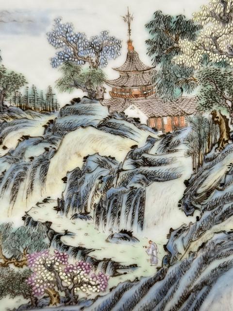古玩陶瓷粉彩山水人物紋瓷板真品鑒賞圖