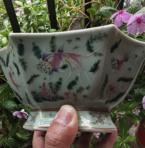 古玩陶瓷晚清豆青細路粉彩金玉滿堂紋貢碗真品鑒賞圖