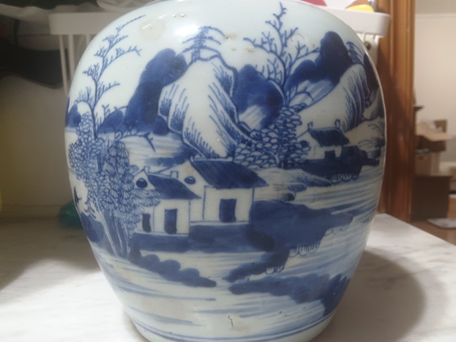 古玩陶瓷青花山水紋罐真品鑒賞圖
