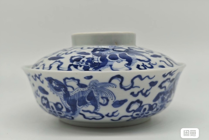 古玩陶瓷青花獅紋蓋碗，模糊，偏老真品鑒賞圖