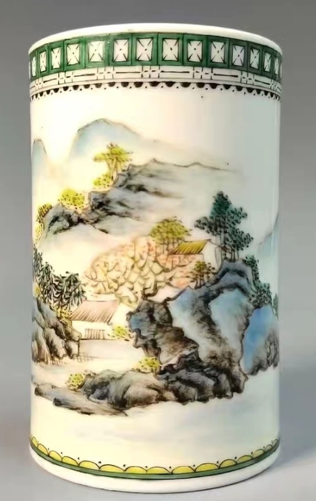 古玩陶瓷山水紋筆筒真品鑒賞圖
