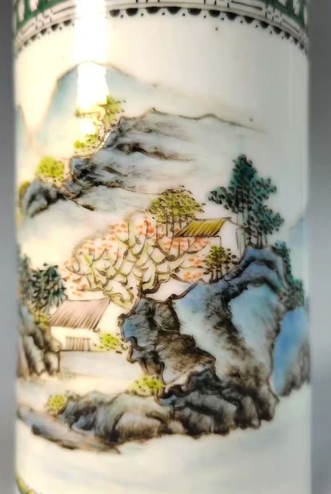 古玩陶瓷山水紋筆筒真品鑒賞圖
