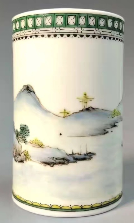 古玩陶瓷山水紋筆筒真品鑒賞圖
