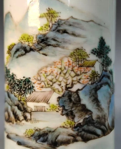 古玩陶瓷山水紋筆筒真品鑒賞圖