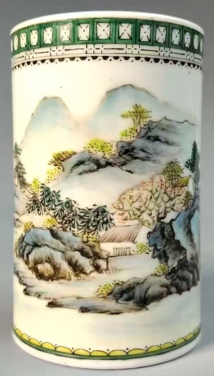 古玩陶瓷山水紋筆筒真品鑒賞圖