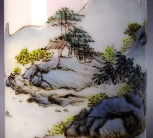 古玩陶瓷山水紋筆筒真品鑒賞圖