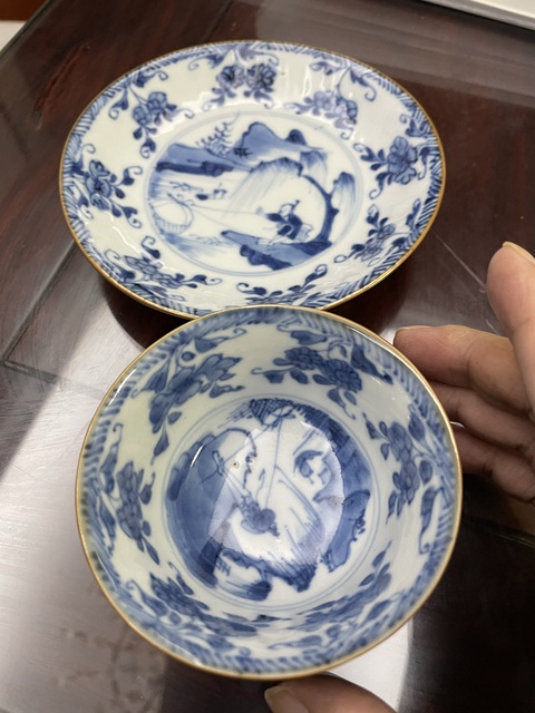 古玩陶瓷康熙·外紫金釉內(nèi)青花山水人物紋杯碟一套 真品鑒賞圖