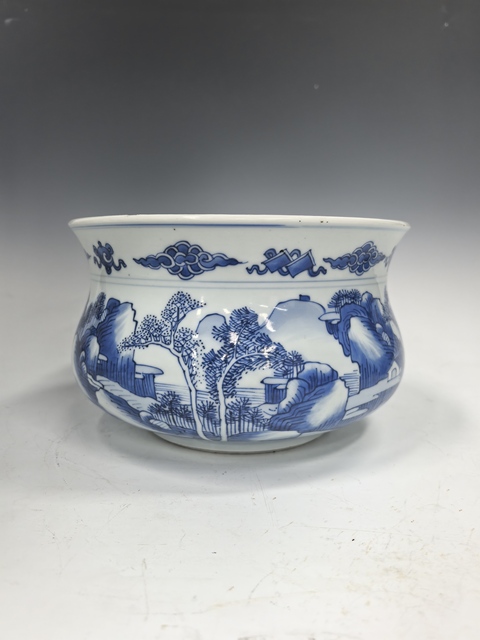 古玩陶瓷青花山水人物紋羅漢爐真品鑒賞圖