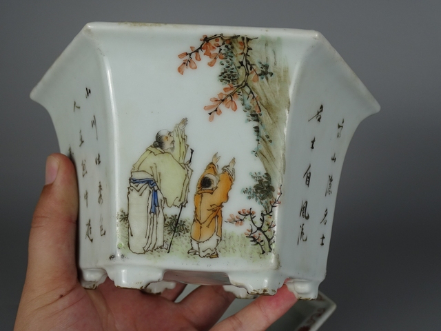 古玩陶瓷淺絳人物花鳥花盆真品鑒賞圖
