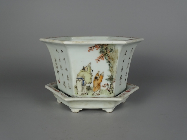 古玩陶瓷淺絳人物花鳥花盆真品鑒賞圖