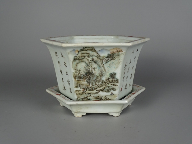 古玩陶瓷淺絳人物花鳥花盆真品鑒賞圖