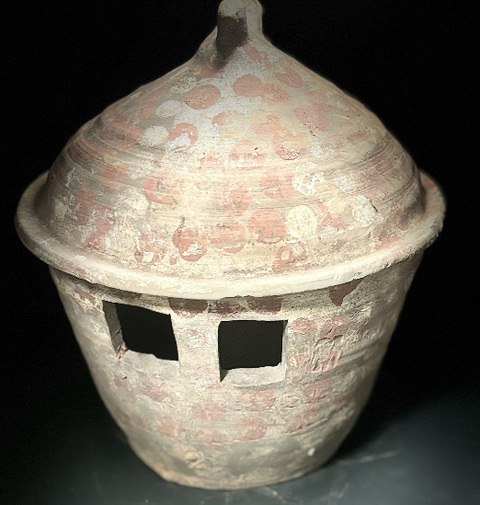 古玩陶瓷紅白彩鳥扭灰陶谷倉真品鑒賞圖