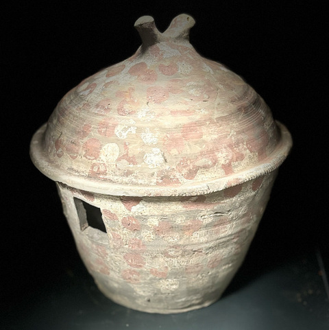 古玩陶瓷紅白彩鳥扭灰陶谷倉真品鑒賞圖