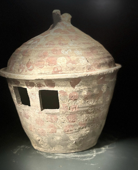古玩陶瓷紅白彩鳥扭灰陶谷倉真品鑒賞圖