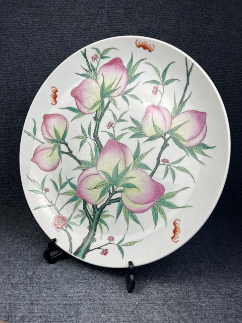 古玩陶瓷粉彩九桃大盤真品鑒賞圖