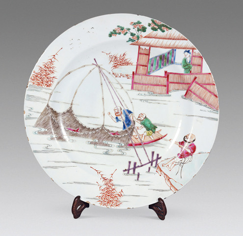 古玩陶瓷漁家樂粉彩盤真品鑒賞圖