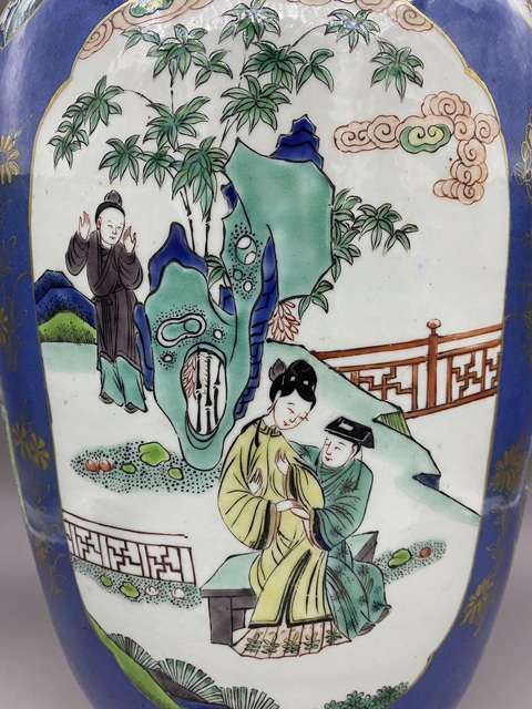 古玩陶瓷灑藍開光五彩人物故事紋罐真品鑒賞圖