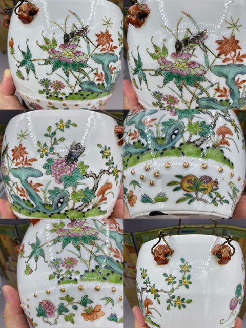 古玩陶瓷清道光時期 超細路粉彩荷塘花鳥蟲趣圖鼓釘溫酒壺拍賣,當前價格8577元