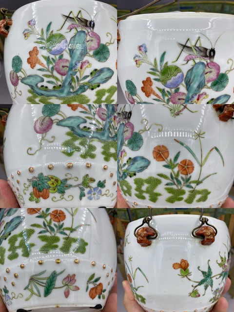 古玩陶瓷清道光時期 超細路粉彩荷塘花鳥蟲趣圖鼓釘溫酒壺拍賣,當前價格8577元