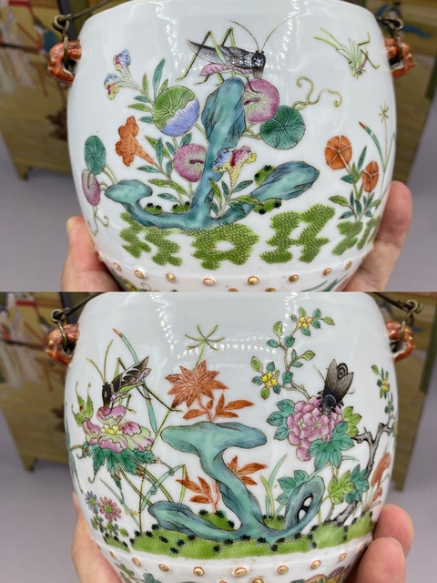 古玩陶瓷清道光時期 超細路粉彩荷塘花鳥蟲趣圖鼓釘溫酒壺拍賣,當前價格8577元