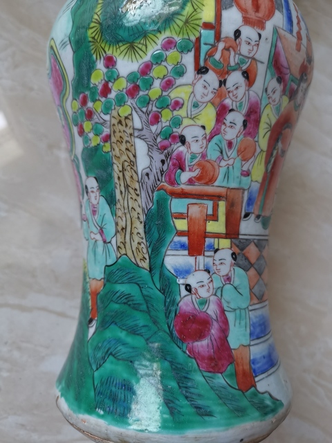 古玩陶瓷百子鬧春粉彩花觚真品鑒賞圖