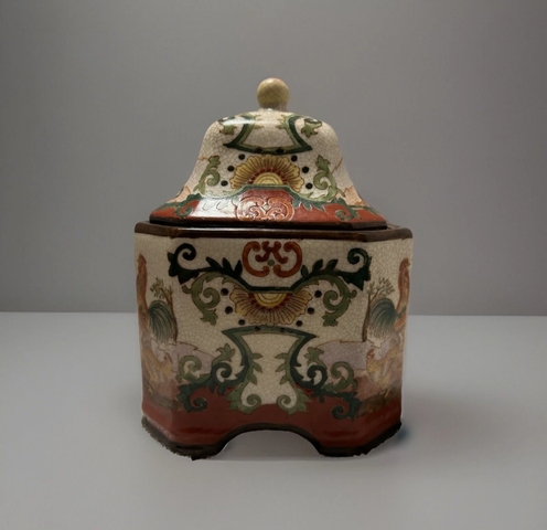 古玩陶瓷法國彩繪方蓋罐真品鑒賞圖