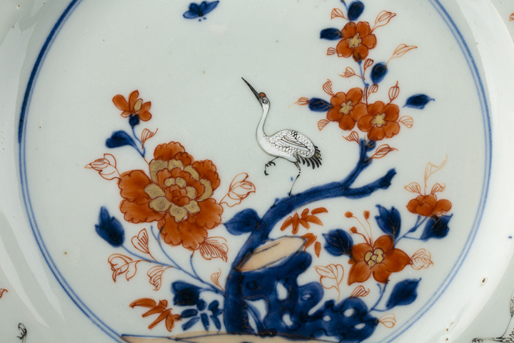 古玩陶瓷清康熙·青花礬紅描金仙鶴花卉紋折沿盤拍賣,當前價格108元